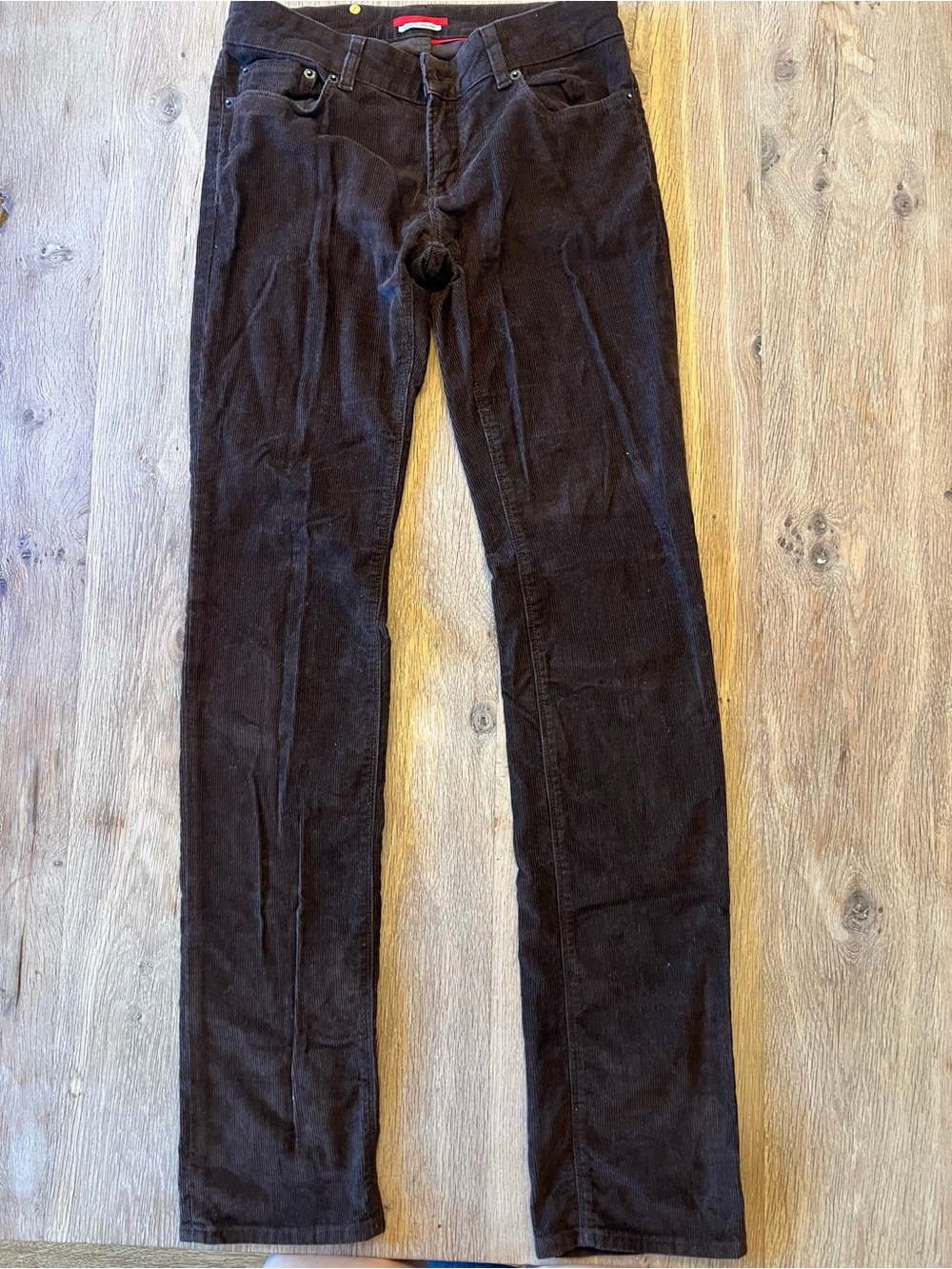 Prada Vintage Brown Corduroy Jeans Leather Logo Patch Size 27